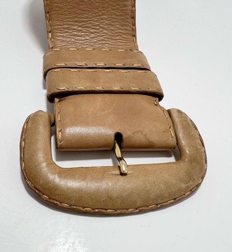 Vintage Donna Karan Wide Buckled Leather Belt Tan Size M Made In Italy - Picture 2 of 9