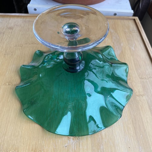 Vintage EMPOLI Green Ruffled Candy Dish Clear Glass Stem MCM - Picture 5 of 8