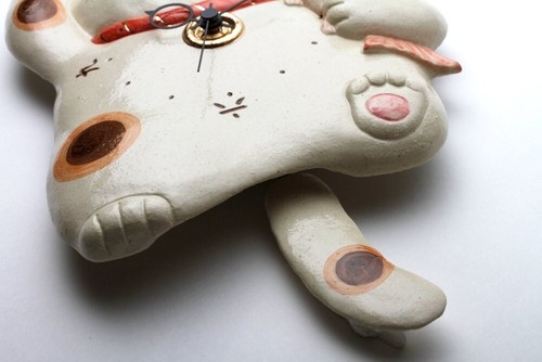Lucky cat Maneki neko wall pendulum clock Japanese ware Pottery Right Hand up - Picture 6 of 7
