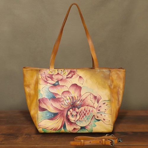 Hand painted Genuine Leather Purse and Handbag for Women Shoulder Bag Tote Bag - Picture 2 of 9