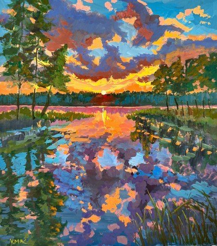 Original Landscape Painting Signed Sunset Modern Art Collectible Wall Art Decor