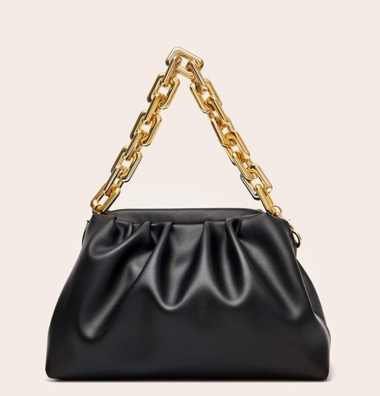Elegant black ruched minimalist bag with golden chain top handle