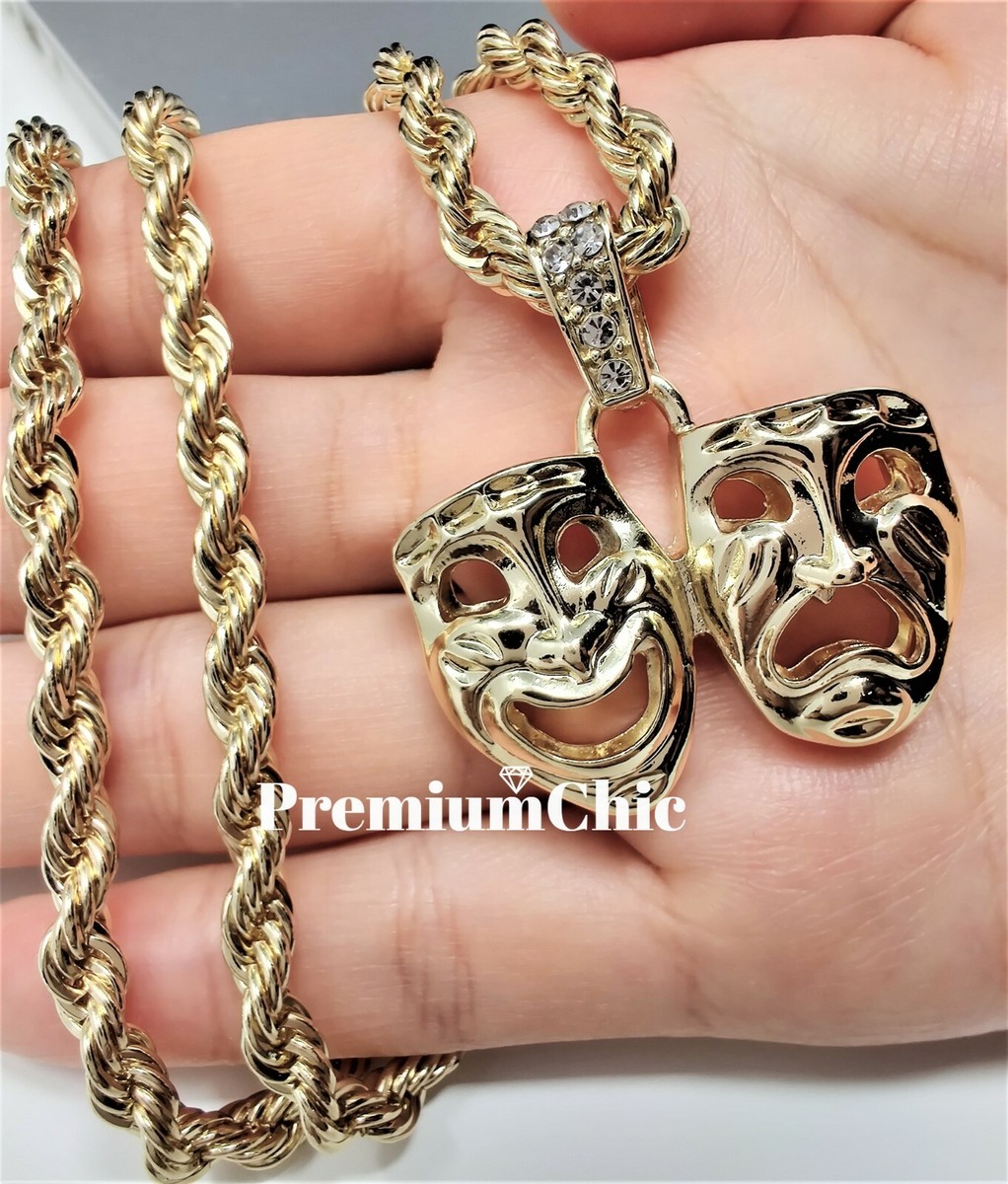 Laugh Now Cry Later Pendant with 5mm Rope Chain Plated Hip Hop CZ Necklace