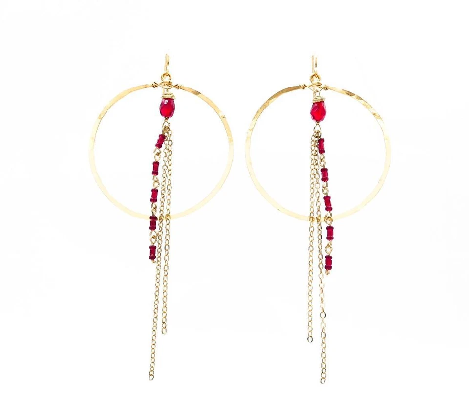 PRECIOSOS Pendientes Araña Ligeros Cristales Rojos Oro Círculo Anillo Cadenas Foto 2 de 2