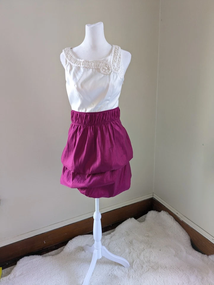 Vestido Vintage Y2K Burbuja Satén S Magenta y Crema Malla Drapeado Mini Núcleo de Oficina Foto 4 de 4