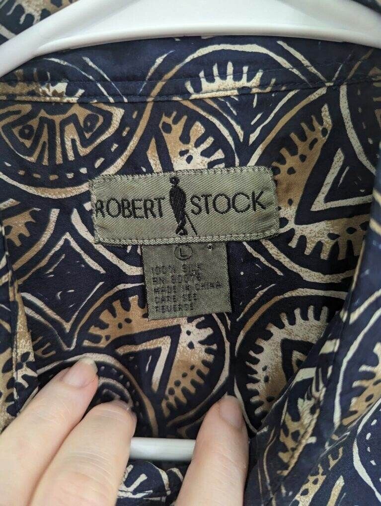 Robert Stock Mens Size Shirt Large Silk Blue Brown - image 5
