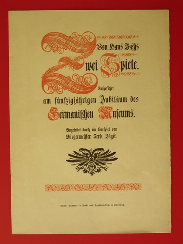 altes Heft ZWEI SPIELE von Hans Sachs Jubiläum Germanisches Museum 1902 ( 7315 - Bild 1 von 2