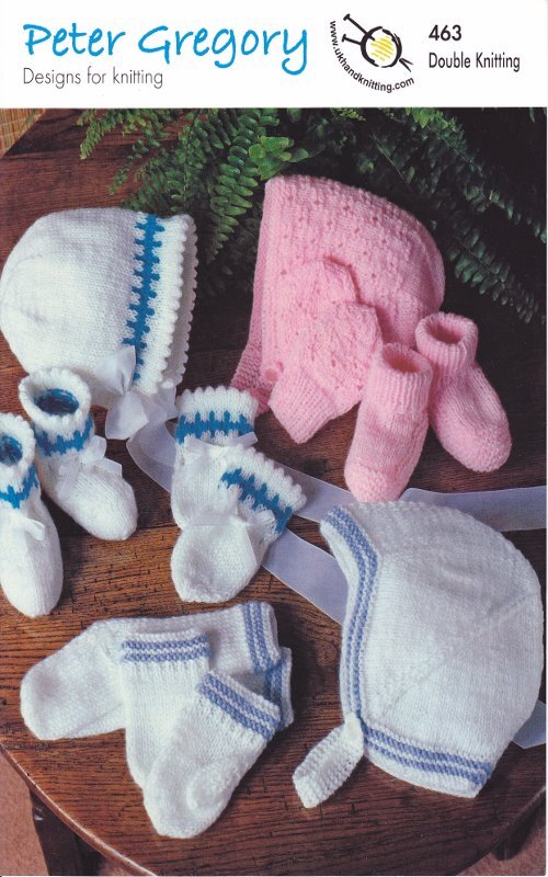 Peter Gregory DK Double Knitting Pattern Baby Hat Mittens Socks Bootee Set 463