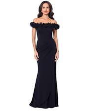 Xscape Off Shoulder Gown 14 Black Ruched Ruffle Sleeve Faux Wrap Sheath Scuba