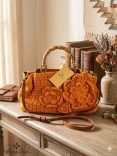 Patricia Nash Sun Yellow Orange Crochet Purse Bamboo Handles Crossbody NWT