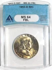 1953-D FRANKLIN Silver Half Dollar ANACS MS 64 FBL