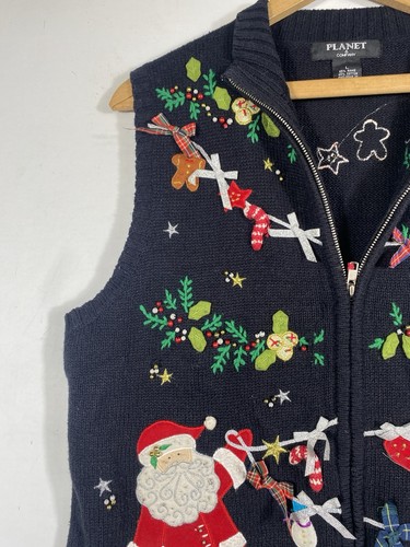 Weihnachten Pullover Weste Gr. Large erhaben bestickt Weihnachtsmann Vintage Oma - Bild 3 von 10