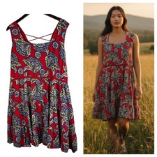 Vestido Maurices Talla 3X 22 24 Vestido Solero Floral Rojo Azul Tostado Cottage Boho Fluido F