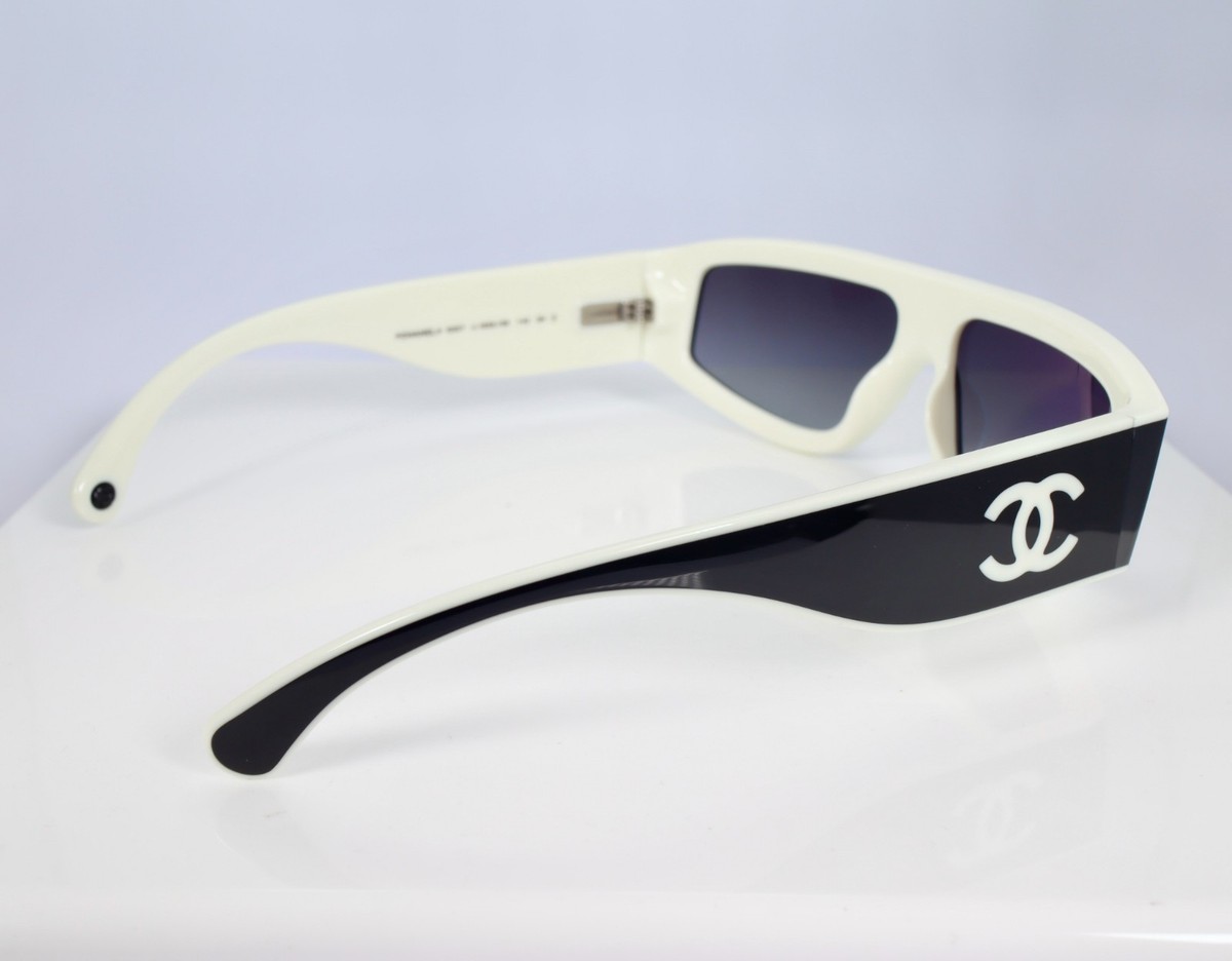 Chanel CH6057 Shield Sunglasses in Black and White with Gray 