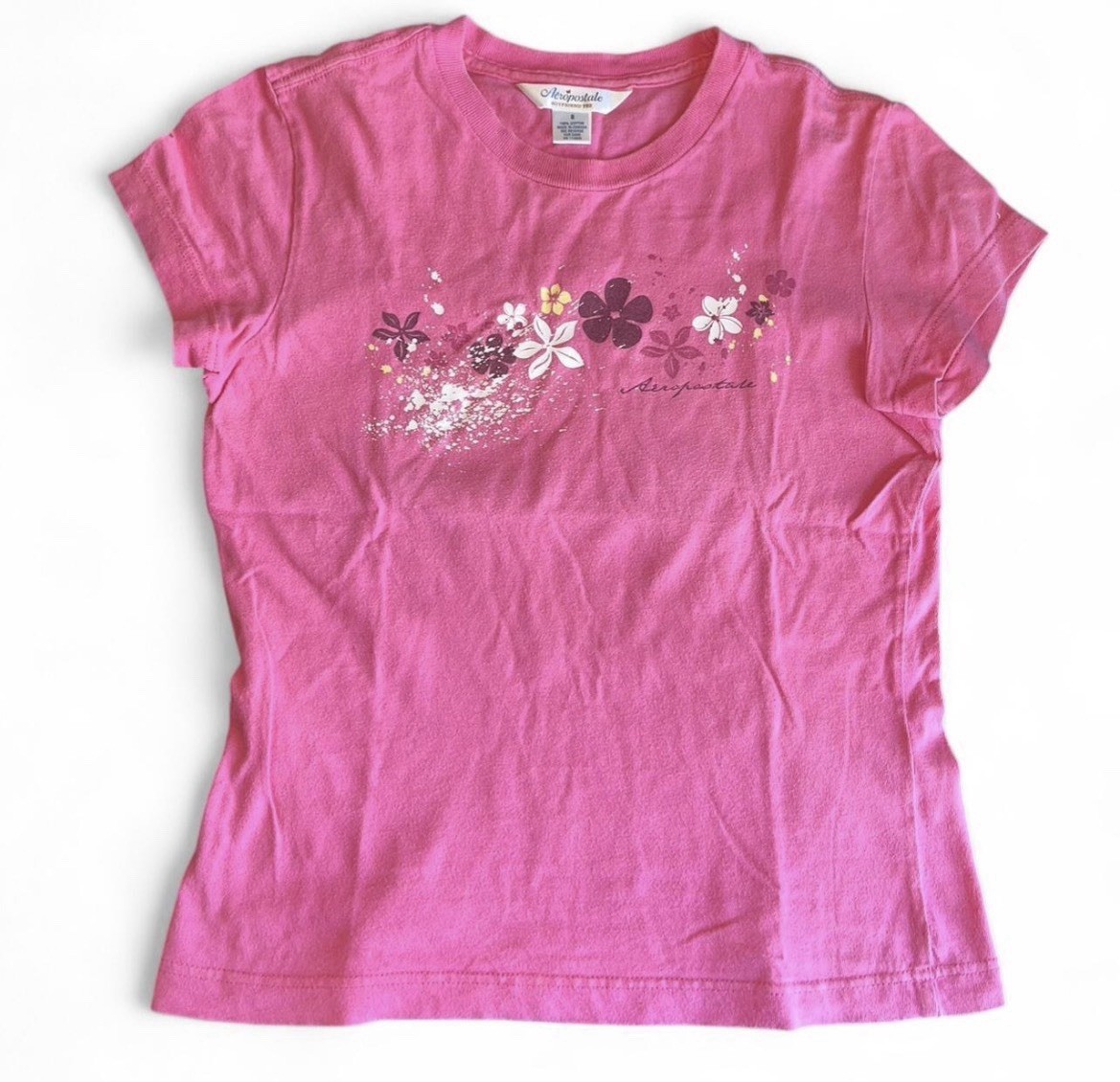 Aeropostale Pink Floral Baby Tee Women’s Size Small Vintage Y2K Fitted T-Shirt