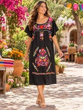 Black Floral Embroidered Boho Midi Dress Colorful Stitching