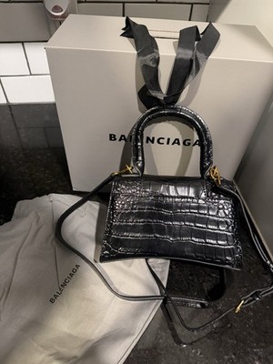Balenciaga Black Croc Embossed Top Handle Bag w/ Gold B Logo