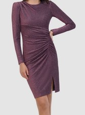 Eliza J Women's Purple Metallic Lined Long Sleeve Ruched Sheath Dress Size: 6