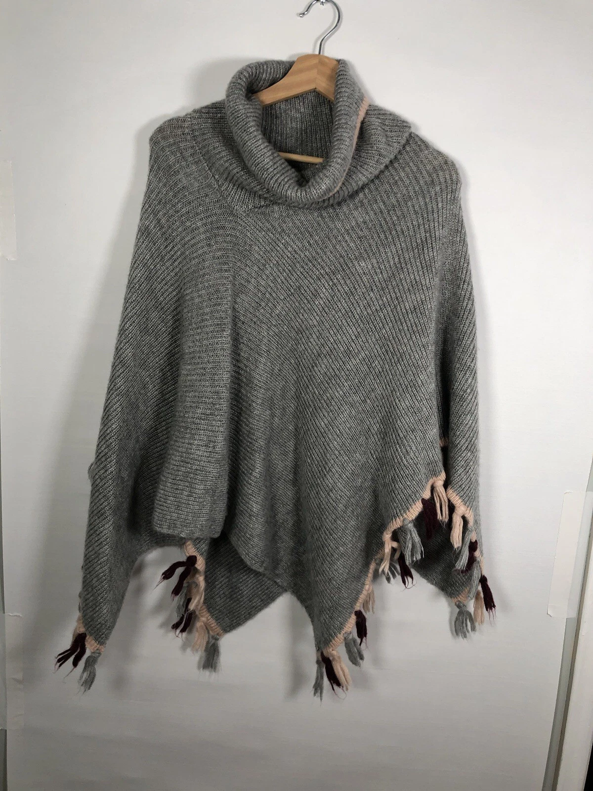 Libby Edelman Womens Sweater Shawl Poncho Fringe Accent Knit Pullover Western