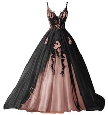Spaghetti Straps Wedding Dresses Layered Tulle Gothic Black Lace Applique Gowns