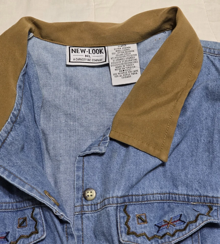  Chaleco Denim New Look Cuello Marrón Western Wear Bordado Abotonado XL De Colección Foto 2 de 4