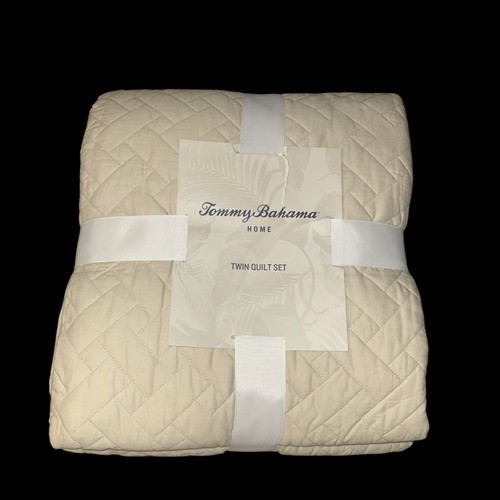 NWT Tommy Bahama Beige Raffia Solid 2-Piece Twin Quilt Set Coastal Prep Classic - Picture 2 of 9