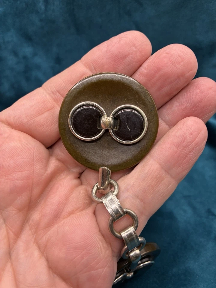 VTG Art Deco Bakelite Coat Cape Button Clasp 2 Piece Silver Tone Chain 5 1/2" - Image 4 of 4