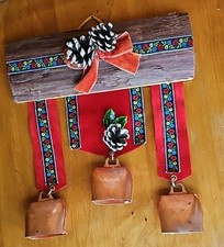 Vintage Red Velvet Christmas Wall Hanging Copper Cow Bells Brocade Bow 10" Wood