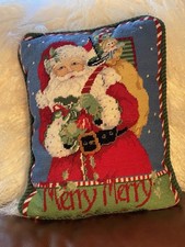 Vintage Christmas Santa w/ Toys Wool  & Velvet Needlepoint Throw Pillow 13 x 18
