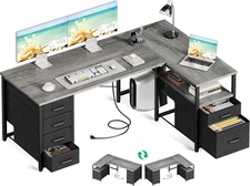 L Shaped Computer Desk with 6 Drawers & Power Outlet, 55 Inch Corner Desk with R