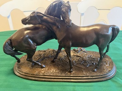 Pierre Jules Mene Bronze ''L'Accolade'' Statue of 2 Horses, Antique