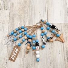 10 Set Rustic Wood Bead Christmas Tree Ornaments Blue Farmhouse