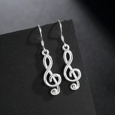 Music Note Drop Earrings 925 Sterling Silver Long Dangle Smooth Shape Jewelry