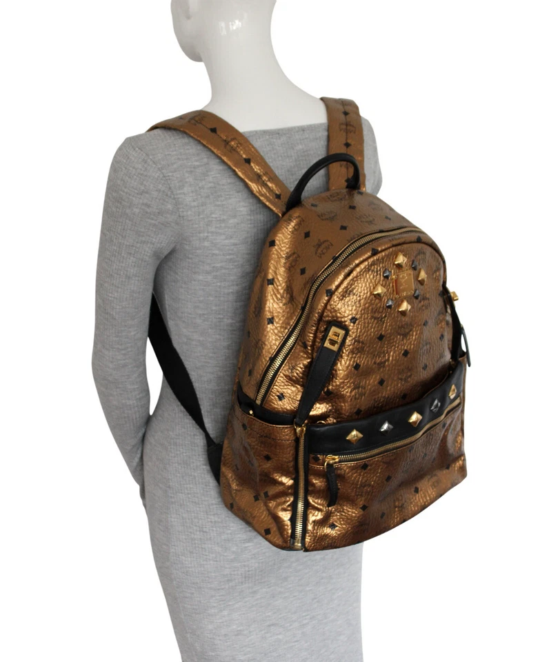 MCM Rucksack Tasche gold metallic schwarz grau Nieten UNISEX LARGE - Bild 2 von 4