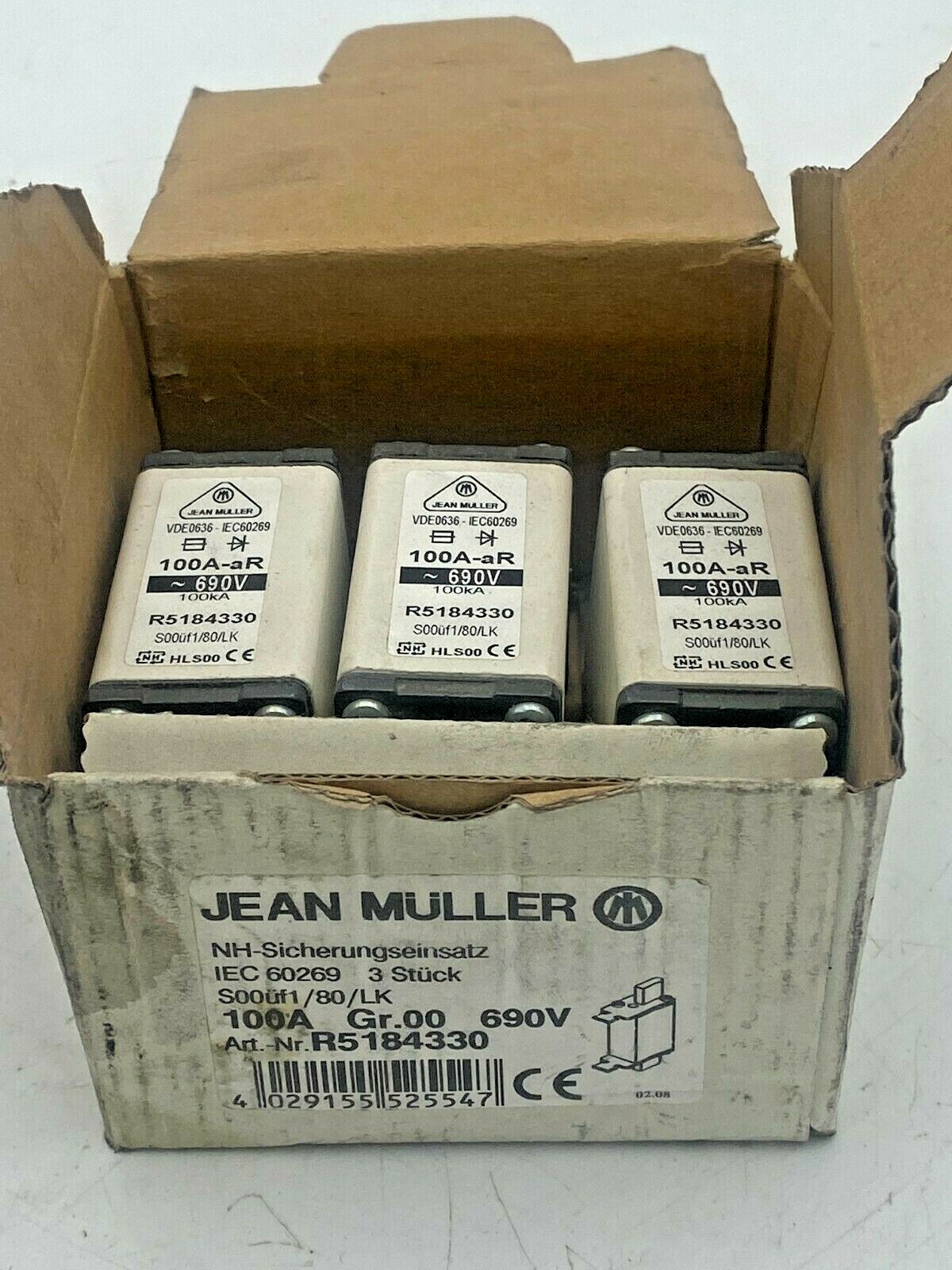 Jean Muller 100A Gr.00 690V R51843330 lot de 3 fusibles nh pour usine