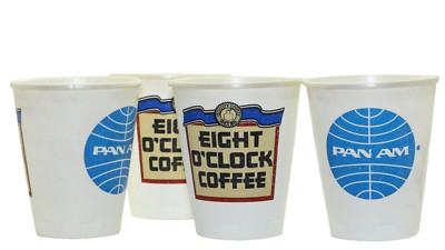 4 x Vintage Pan Am Airways Logo EIGHT O'CLOCK COFFEE Styrofoam Cup mid century