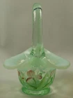 Fenton Miniature Pale Green Opalescent Glass Basket Hand Painted & Signed