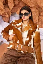 Women’s Cowhide Leather Jacket With Real Cow Hair Pony Skin Biker Western Coat
