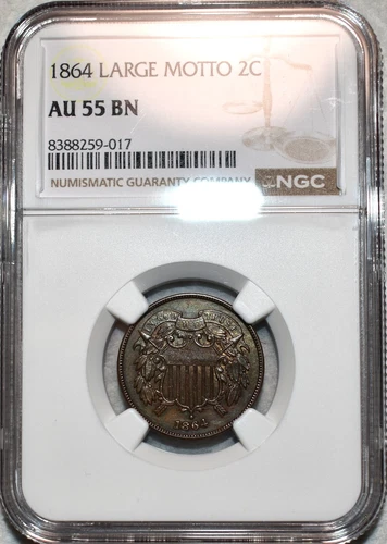 NGC AU-55 BN 1864 Two Cent Piece, Razor-Sharp, Lustrous specimen.