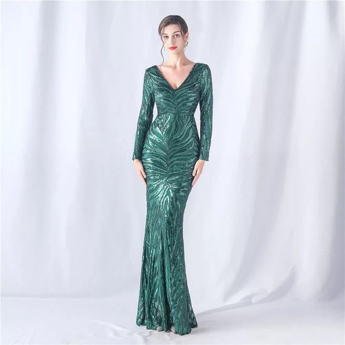 Vestito Abito Elegante Lungo Blu Strass Sera Sirena Evento Spacco 02361