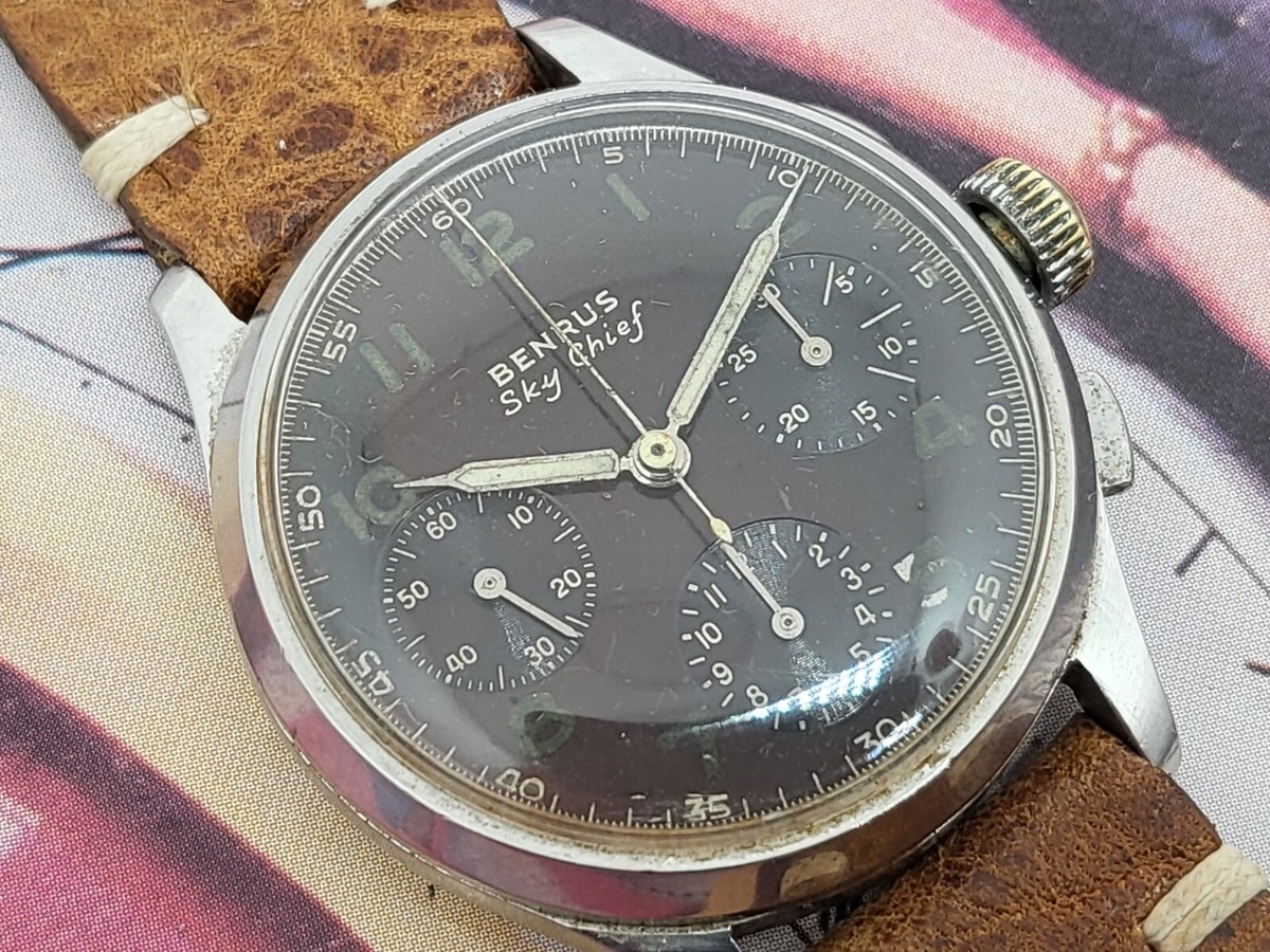 Vintage Mens Steel BENRUS Sky Chief Chronograph Watch BE-11 Venus