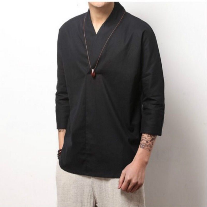 Chemise Vintage Homme En Lin-coton - Manches 3/4 Col Mao - Style Grand-père Chinois - Taille Régulière