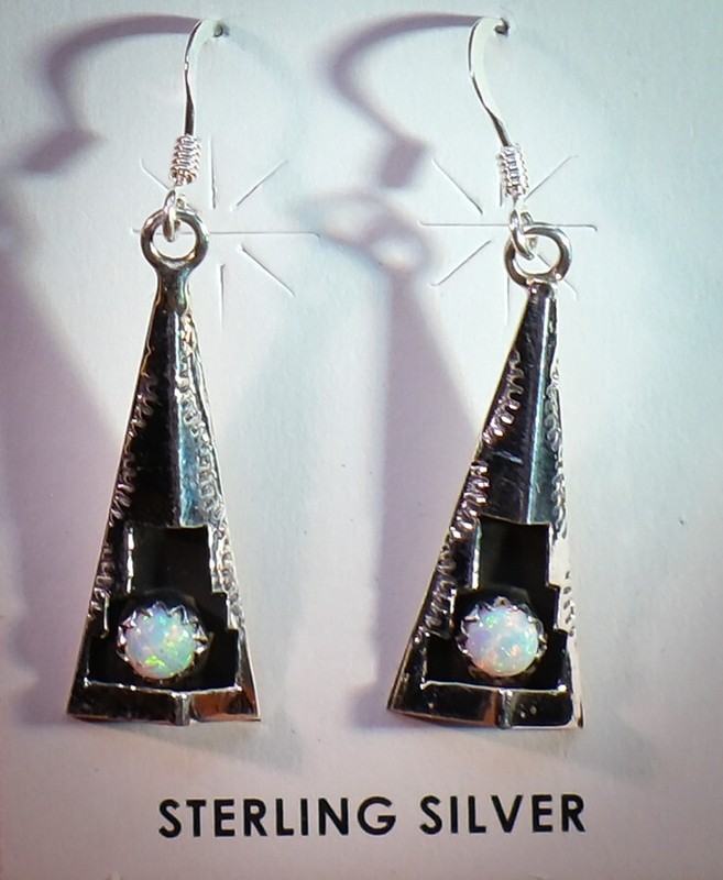 NAVAJO EARRINGS / Teepee Design w/ Opal Sterling Silver - Native American Signed