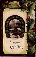 1910 MERRY CHRISTMAS HOLLY HORSESHOE SNOW SCENE EMBOSSED POSTCARD 25-33