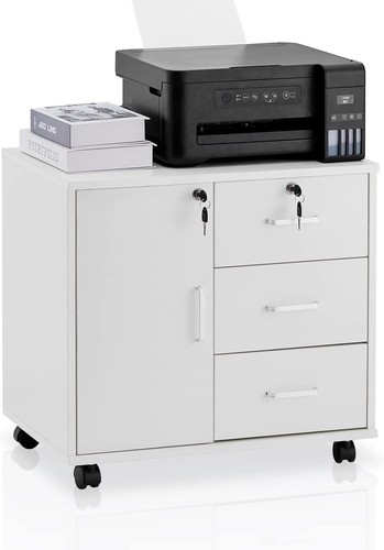 White Office Filing Cabinet Mobile Printer Stand File Storage Drawers Wheels