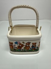 Ceramic Square Basket with Handle Bears Balloons Butterfly Springtime Japan Vtg