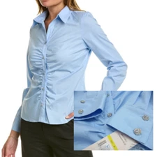 Nanette Lepore Blouse Women M Blue Ruched Shirt RHINESTONE Amber Button Top NWT