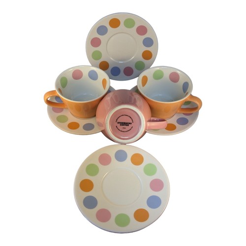 Starbucks Polkadot 3 Mugs Cups & 4 Saucers 2006 Peach Mauve Christmas Coffee Tea - Picture 6 of 9