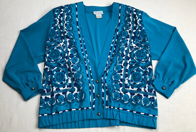 Three Flags Women s Blazer Top Button Open Front Floral Thin Blue Size 16