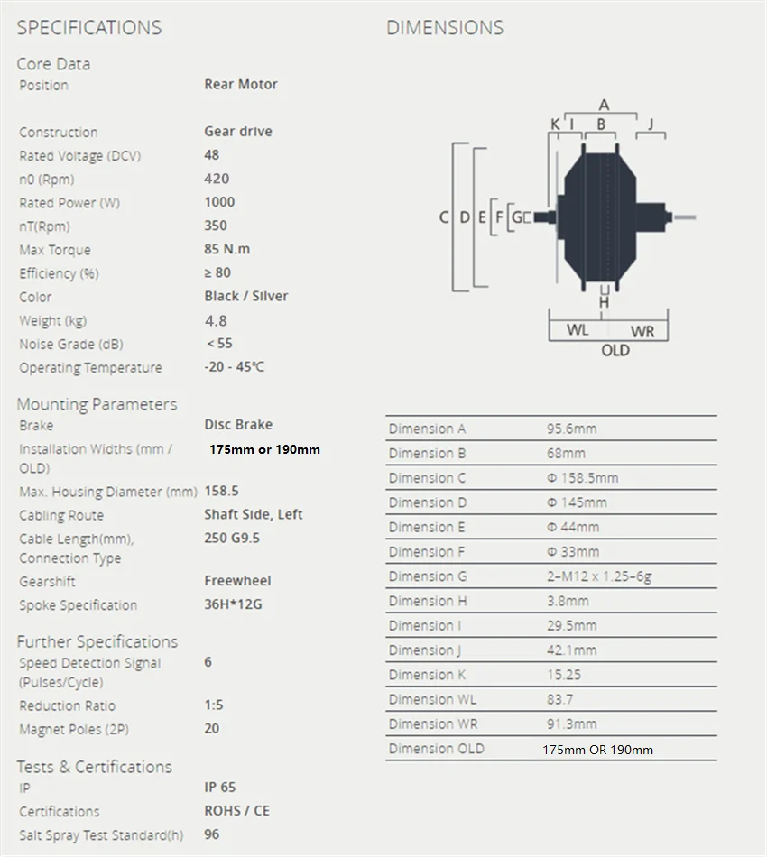 Bafang 8fun G060 48v 170mm 750w cassette Rear Hub Motor With Disc